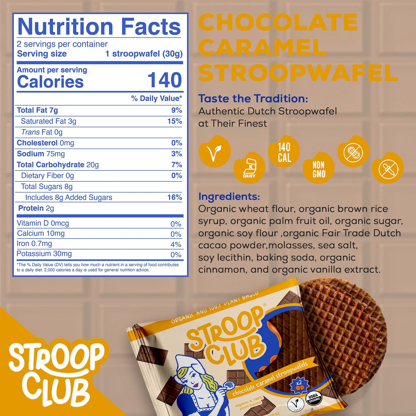 Stroop Club Chocolate Caramel Delights Cookies  Organic Waffles And Plant Based  Vegan Healthy Snacks Stroopwafels - 6 X Pack Of