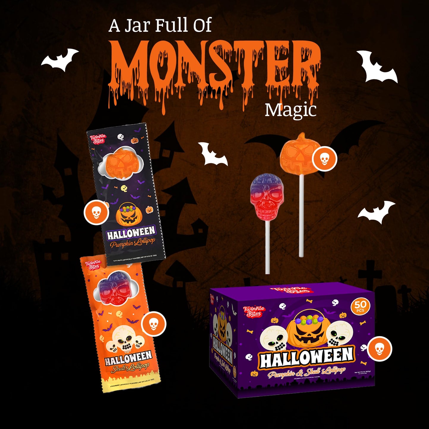 50 Pack Halloween Lollipops - Individually Wrapped Pumpkin And Skull Suckers - Strawberry And Tutti Frutti Delicious Candys - Bulk Candys Great Use  For Kids  Party Favor  Classrooms  Goodie Bags