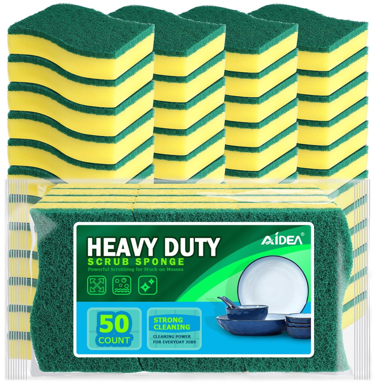 Aidea Heavy Duty Scrub Sponge-50 Count, Cleaning Sponge, Kitchen Dish Sponge, Effortless Cleaning Eco Scrub Pads For Dishes,Pots