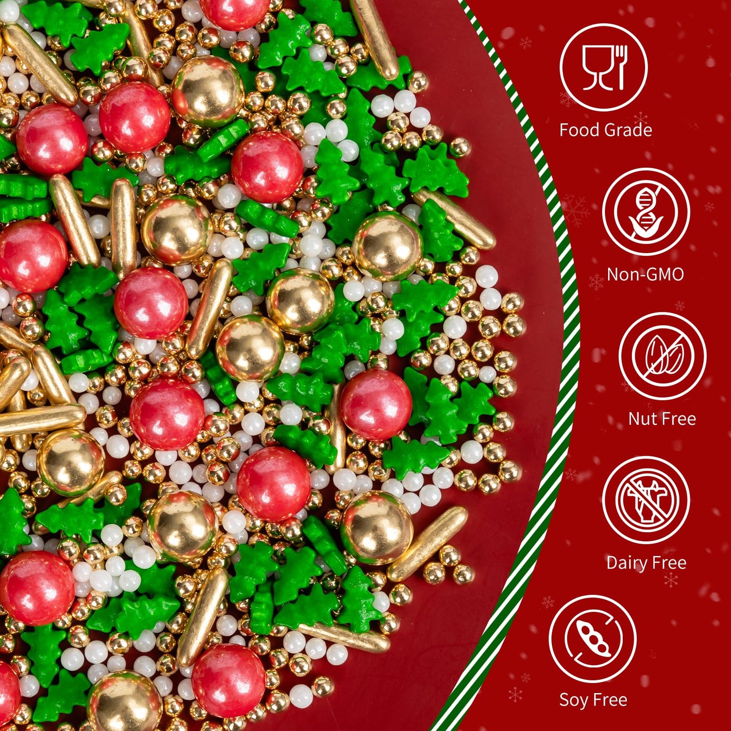 Christmas Tree Sprinkles for Cake Decorating,130g Red Gold and White Pearl,Gold Rods Green Trees Mixed,Edible Sugar Holiday spri