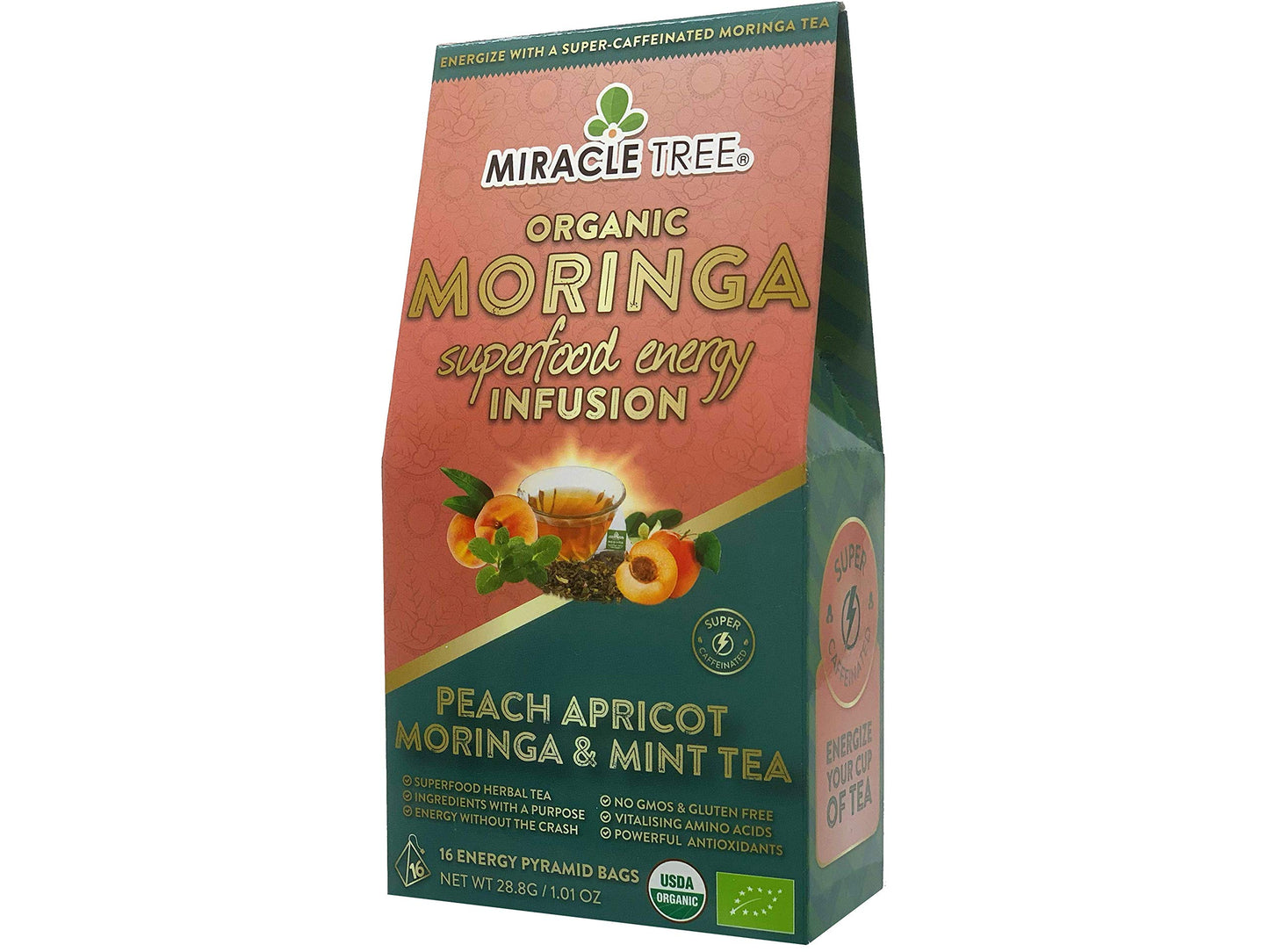 Tree Moringa Energy Tea - Peach Mint Apricot Flavor, Organic & Non-GMO, 16 Pyramid Sachets
