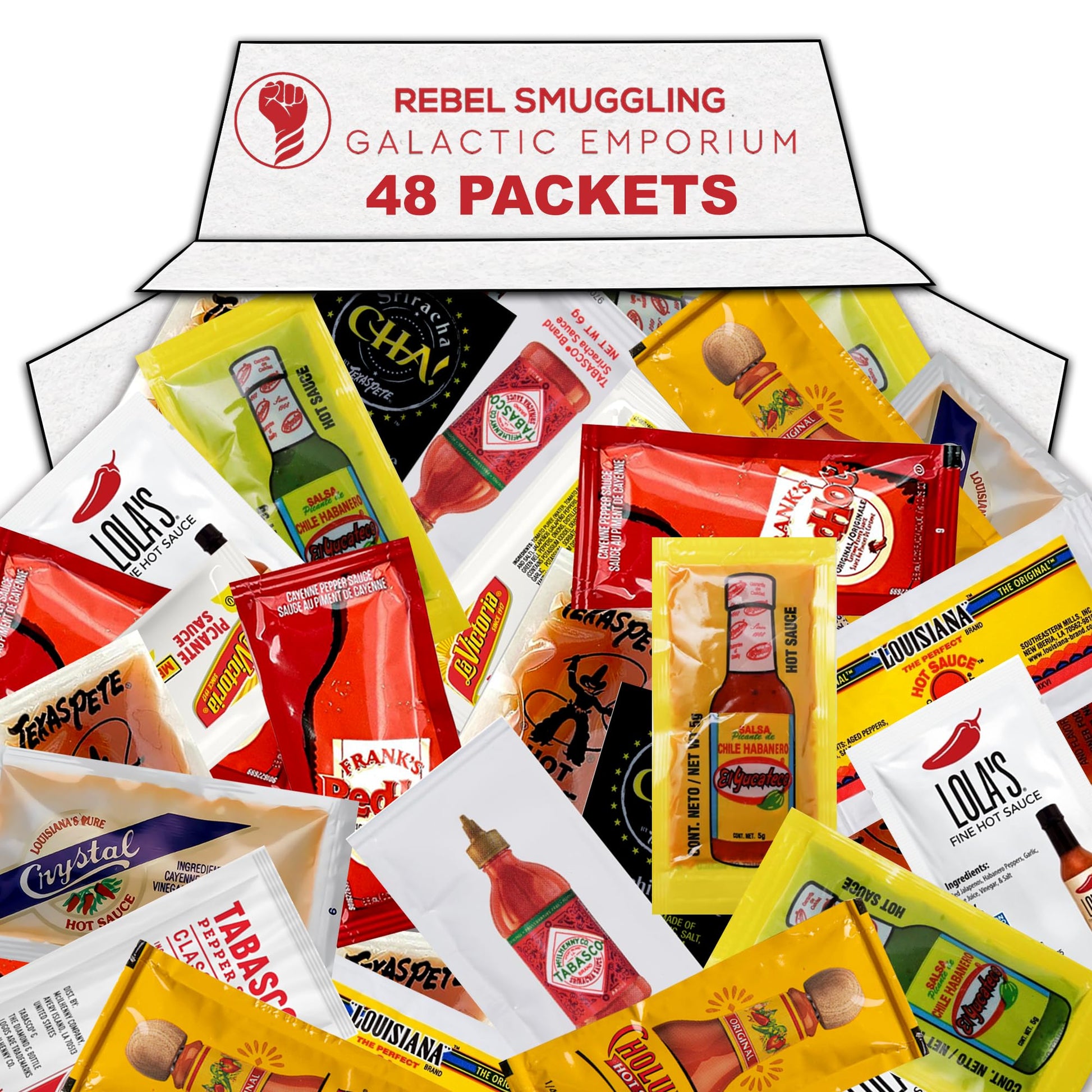 Hot Sauce Variety Pack Of 96 Condiment Packets. 8 Each Of 12 Flavors Care Package Gift Basket By Rebel Smuggling Galactic Emporium