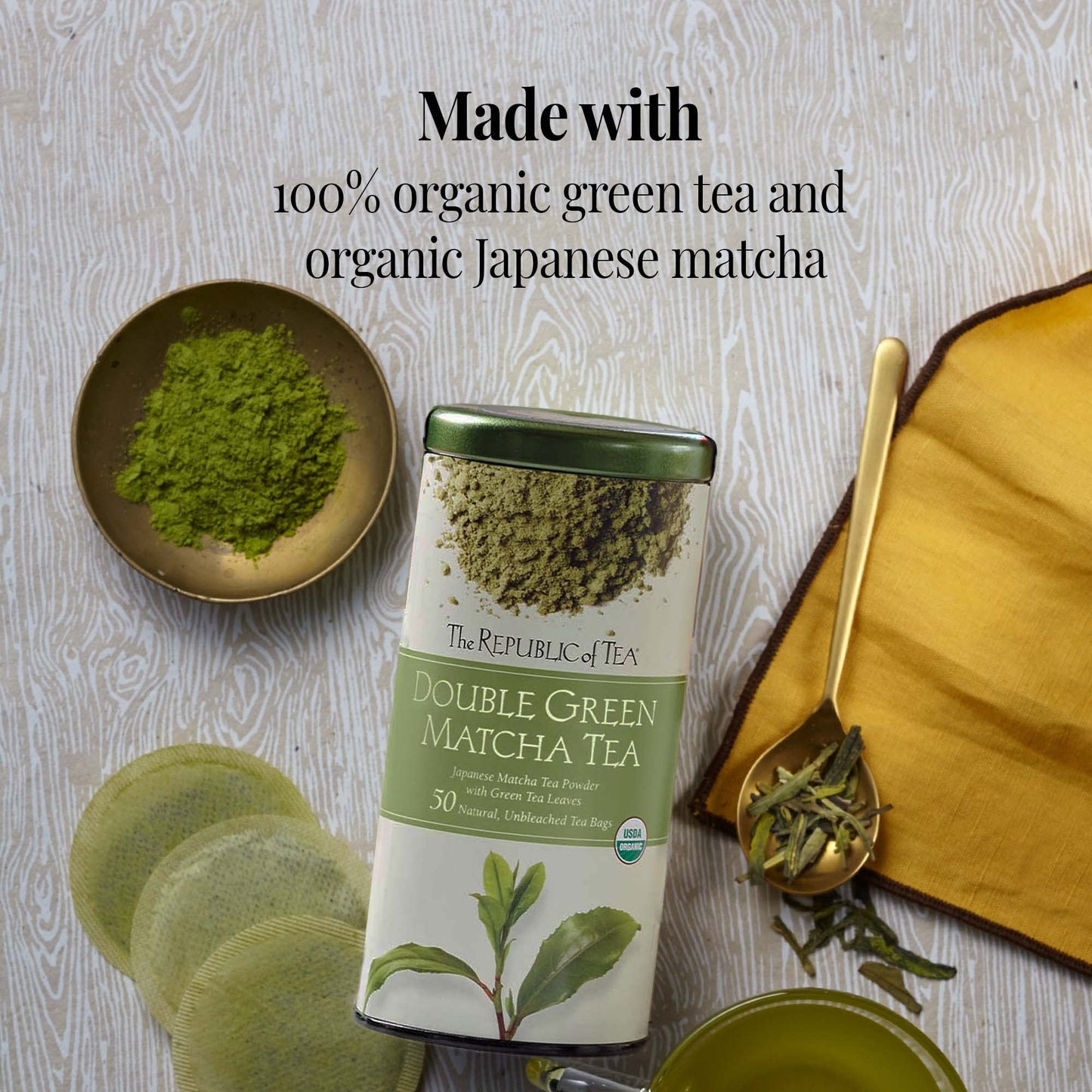The Republic of Tea Organic Double Green Matcha Powder, Naturally Caffeinated, 50 Count, Green