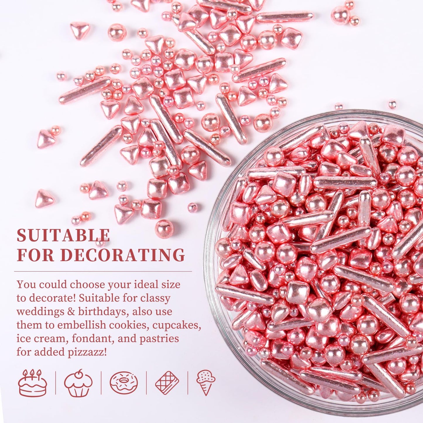 Rose Gold Sprinkles For Cupcakes, Rose Gold Pearl Sprinkles, Candy Pearls For Cake Decoration, Cupcakes, Ice Cream Topping, Maca
