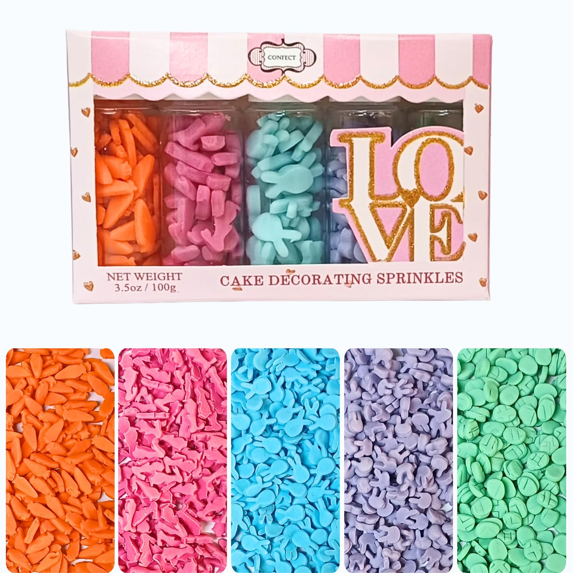 Confect Bunny Sprinkles | Pack of 5 Orange, Silver and Sky Blue, Red Sprinkle I Birthday & Celebration Edible Sprinkles for Cake