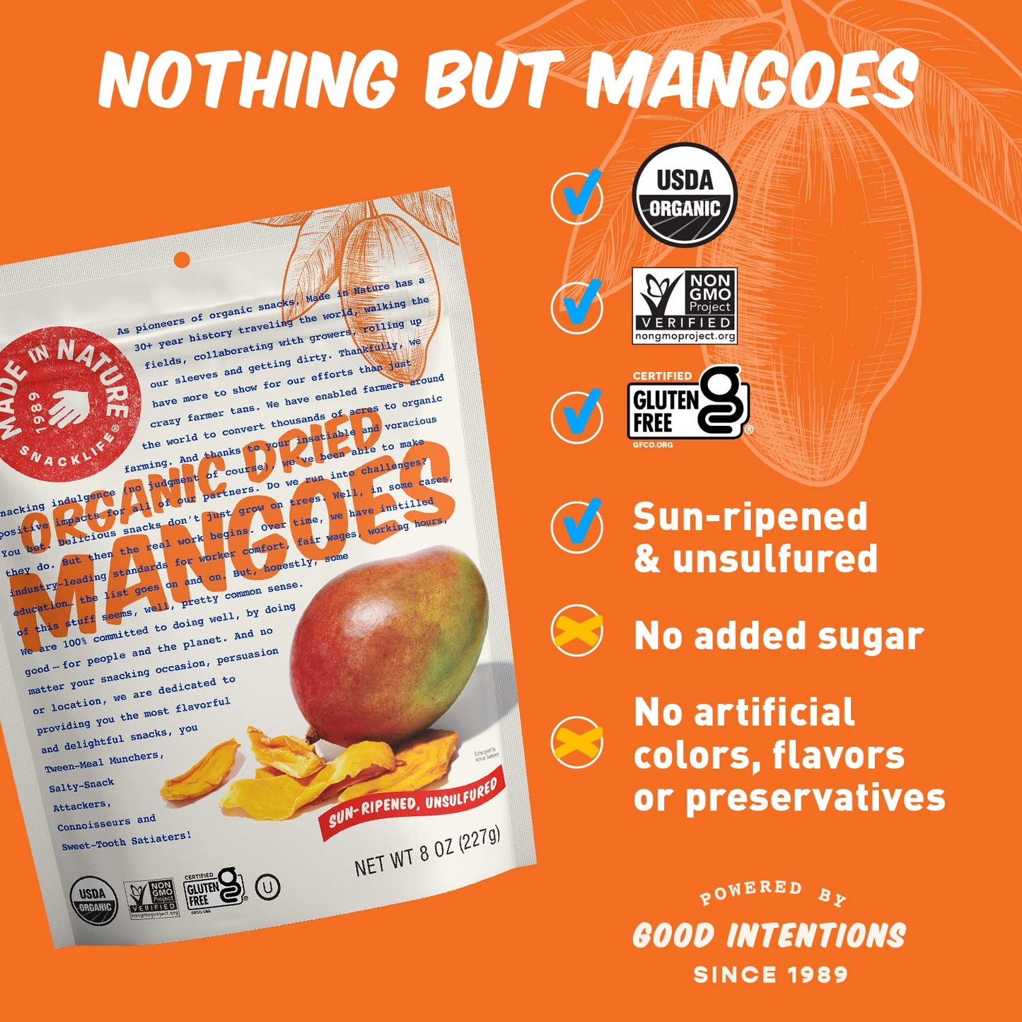 Made in Nature Organic Dried Mangoes, Non-GMO, Gluten Free, Unsulfured, Vegan Snack, 8oz (Pack of 1), Packaging May Vary