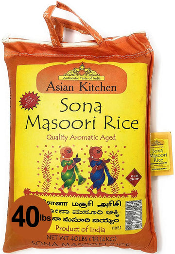 Asian Kitchen White Sona Masoori Aged Rice 40-Pound Bag, 40lbs (18.14kg) Short Grain Rice ~ All Natural | Gluten Friendly | Vega