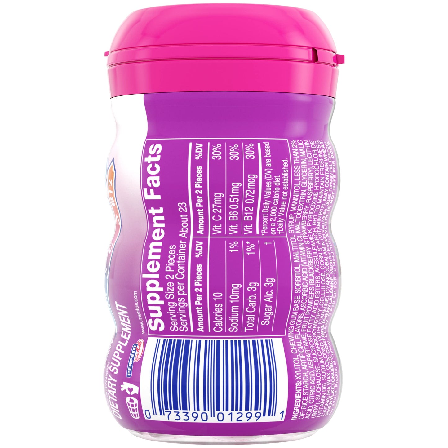 Mentos Gum With Vitamins, Sugar-Free Chewing Gum With Xylitol, Berry Flavor, Vitamins B6, B12, & C, 45 Piece Bottle (Pack Of 4)