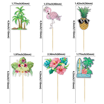 Gyufise 36Pcs Tropical Aloha Luau Cupcake Toppers Palm Tree Flower Turtle Leaves Flamingo Pineapple Cupcake Picks Summer Hawaiia