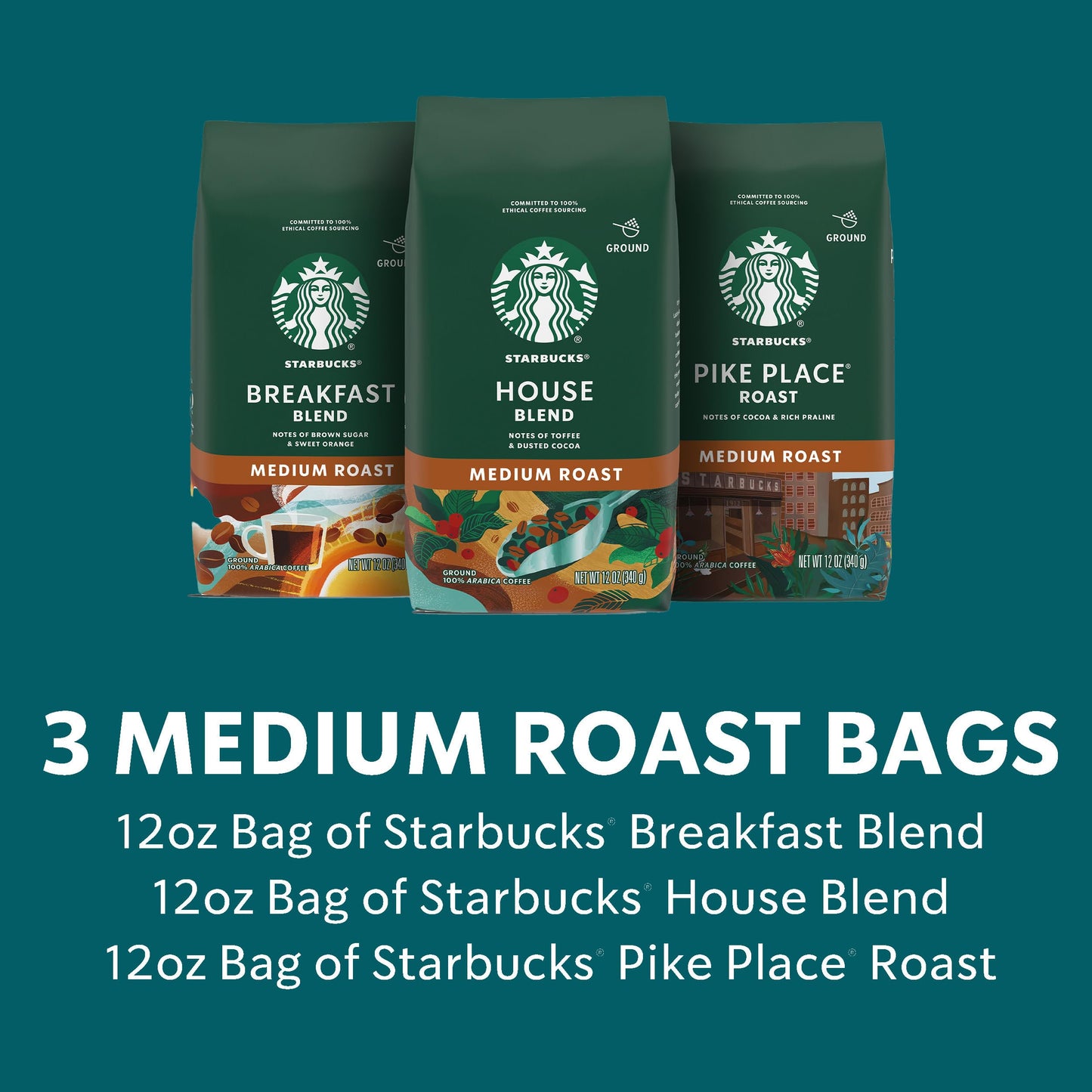 Starbucks Medium Roast Whole Bean Coffee Variety Pack, 3 Bags, 12 oz Each