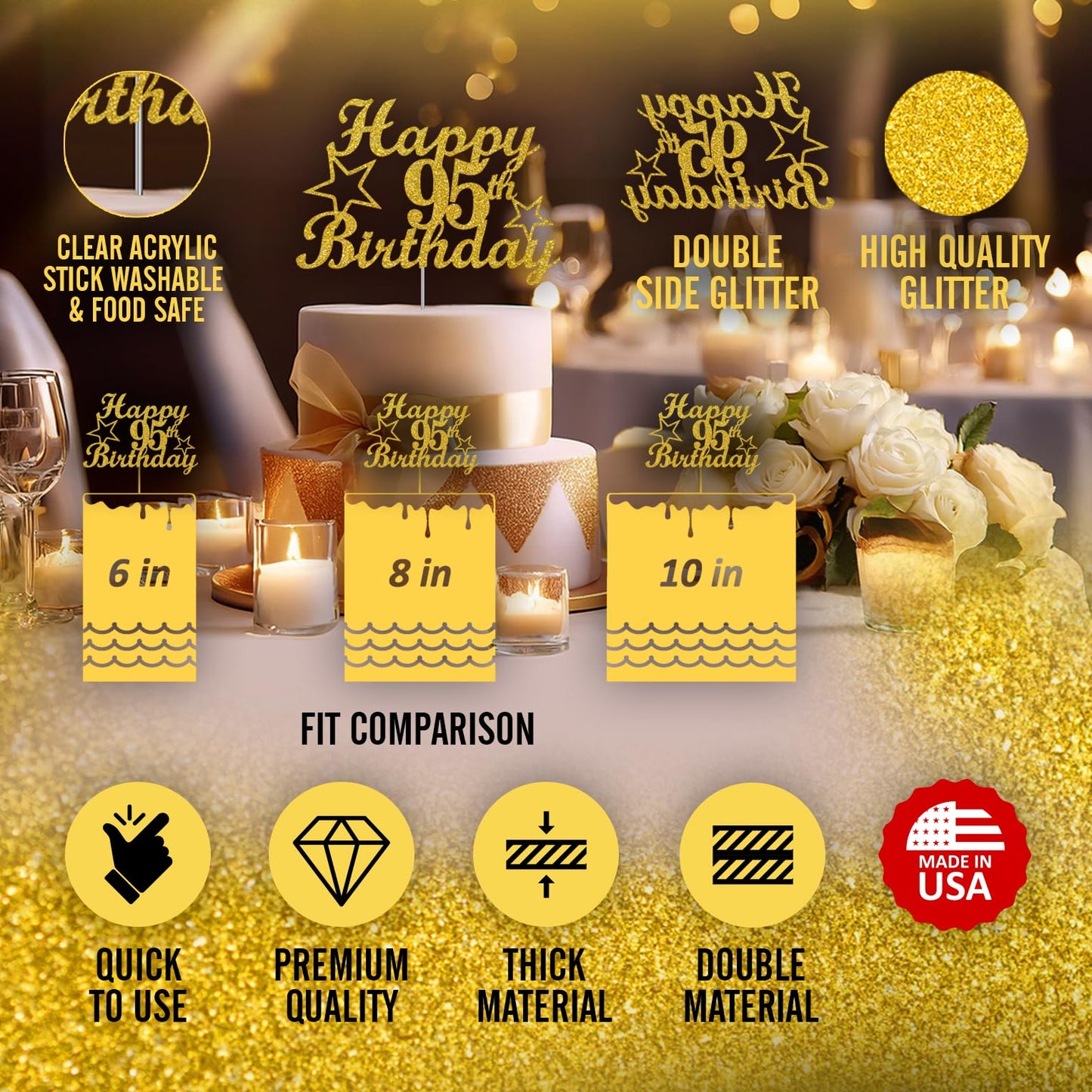 RokAPary 95 Birthday Cake Topper, Gold Glitter, Premium Acrylic, Sturdy Double-Sided, Made in USA