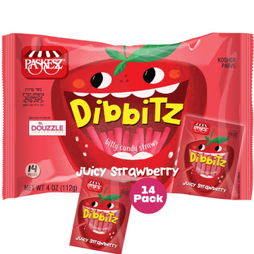 DOUzzle Dibbitz Strawberry, Candy Filled Straw Sticks (14 Count, Pack of 1) Individually Wrapped Candies, Birthday Party Favors,