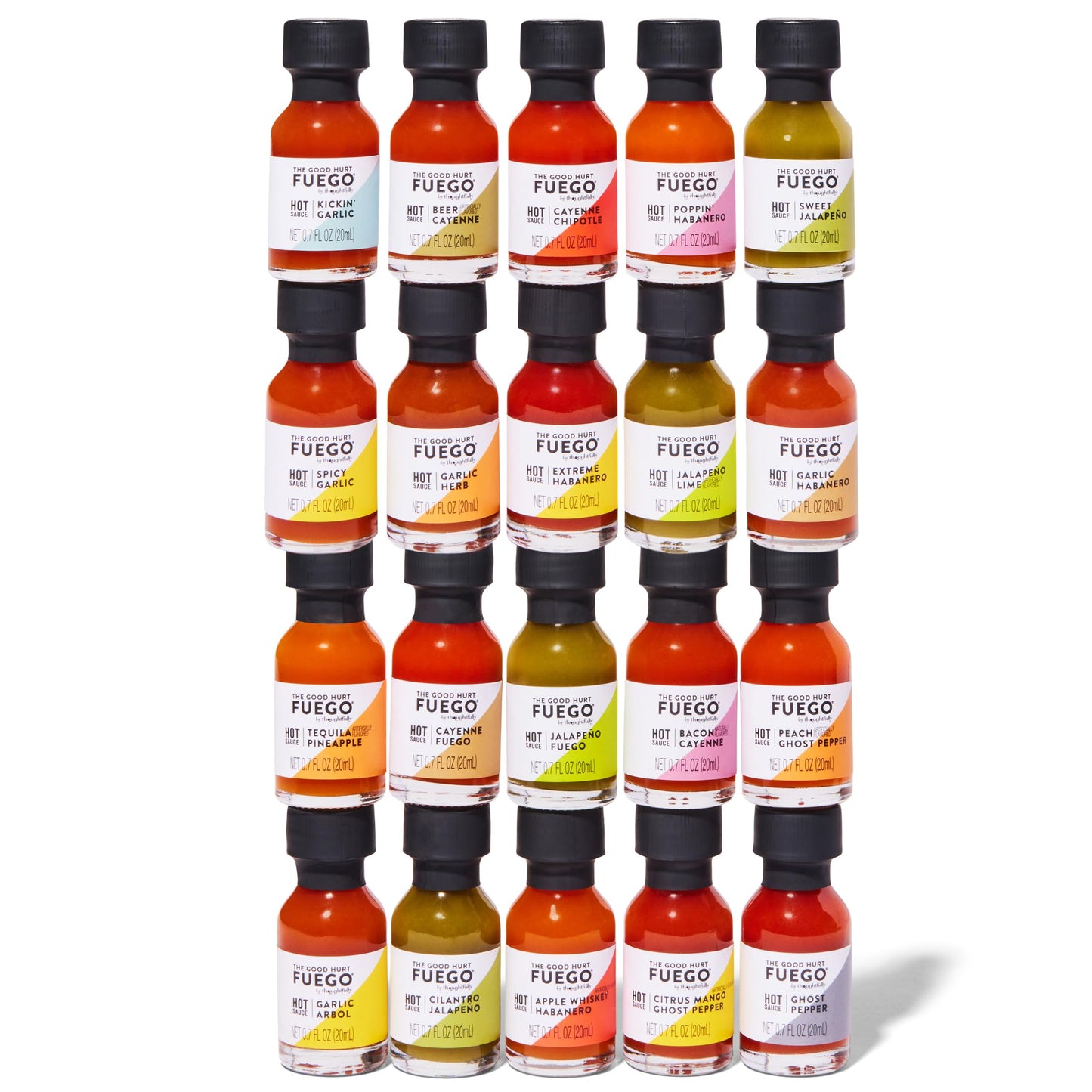 Thoughtfully Hot Sauce Gift Set, 20 Unique Flavors, Includes Garlic Herb, Bacon Cayenne, Extreme Habanero, 0.7 Fl Oz Each