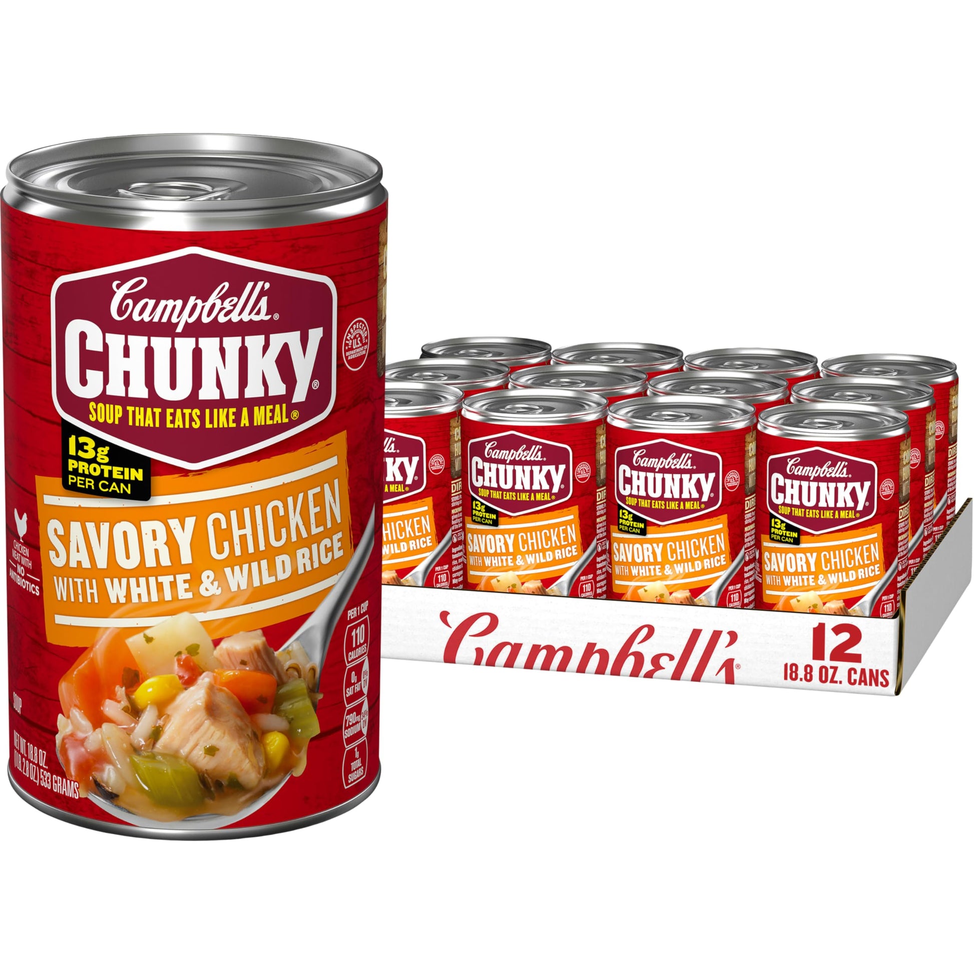 Campbell s Chunky Soup, Savory Chicken with White and Wild Rice Soup, 18.8 Oz Can (Case of 12)