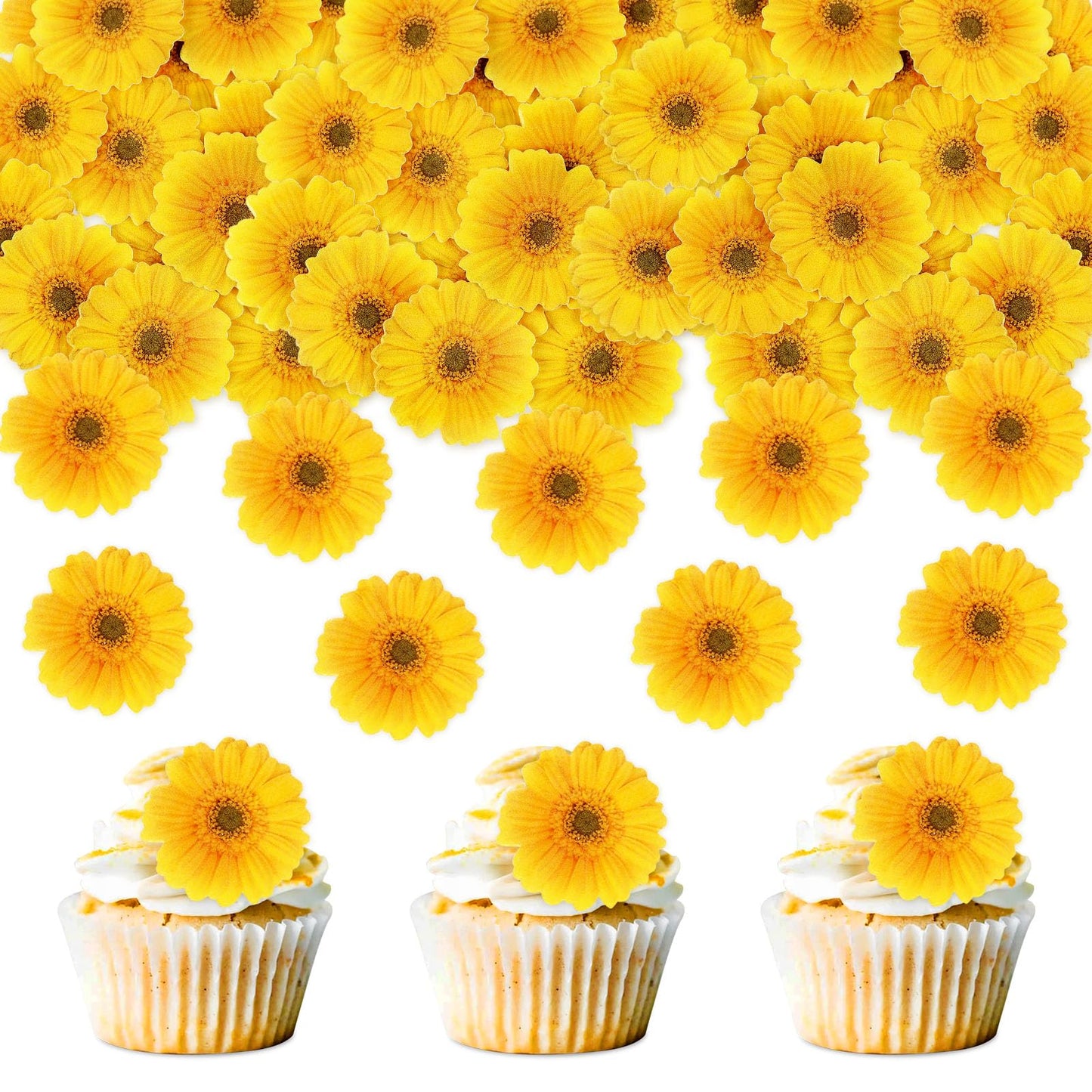 Keaziu Edible Daisy Cupcake Toppers - Gold Paper, 2x0.05 inches, 40 Pack for Parties, Showers, and Decorations