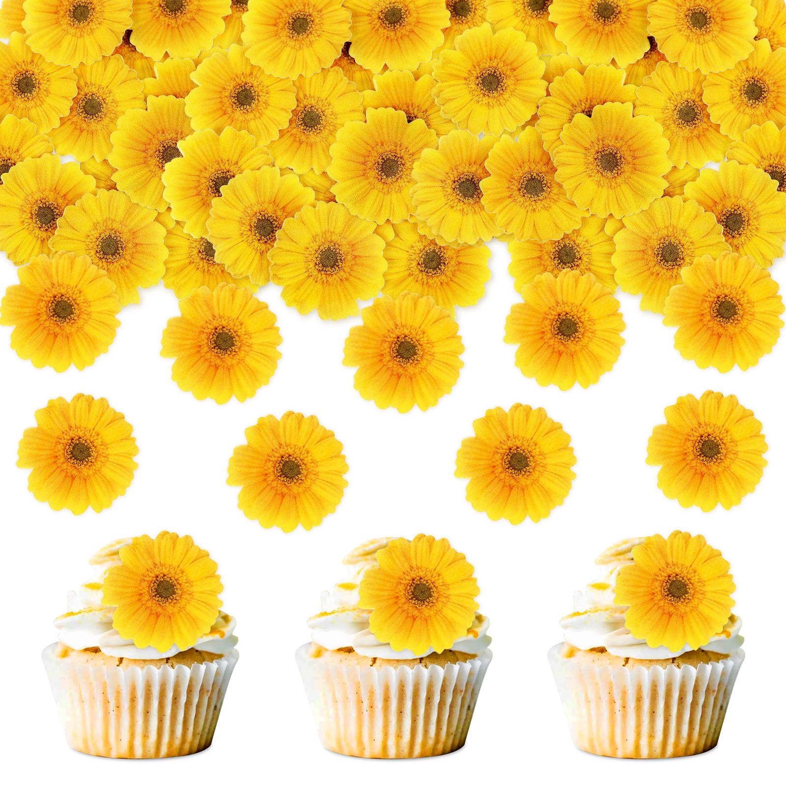 Keaziu Edible Daisy Cupcake Toppers - Gold Paper, 2x0.05 inches, 40 Pack for Parties, Showers, and Decorations