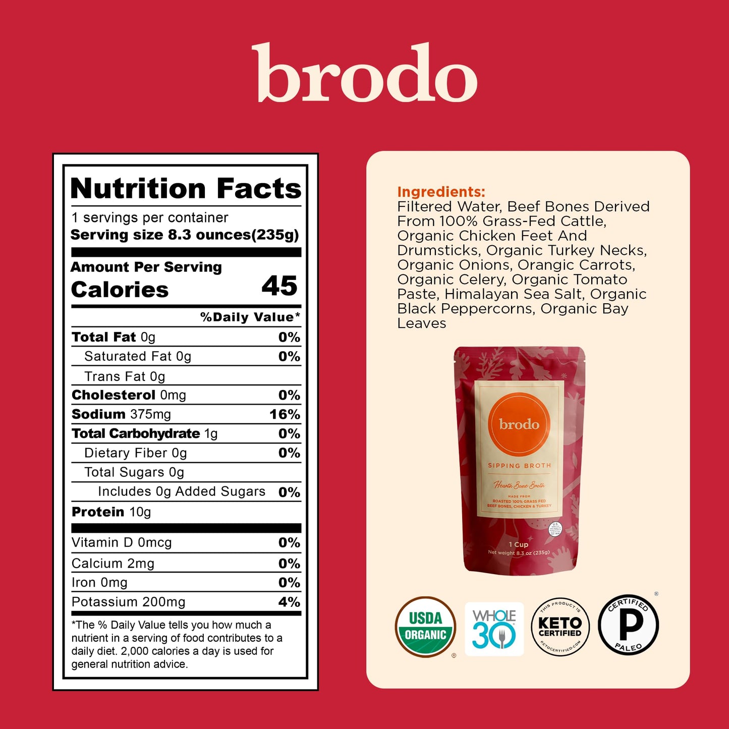 Brodo Broth Variety Pack | 1 Chicken, 1 Hearth, 1 Deeply Rooted, 1 Spicy Nonna, 1 Tom Yum, 1 Tuscan Sun Single Serving Pouches |