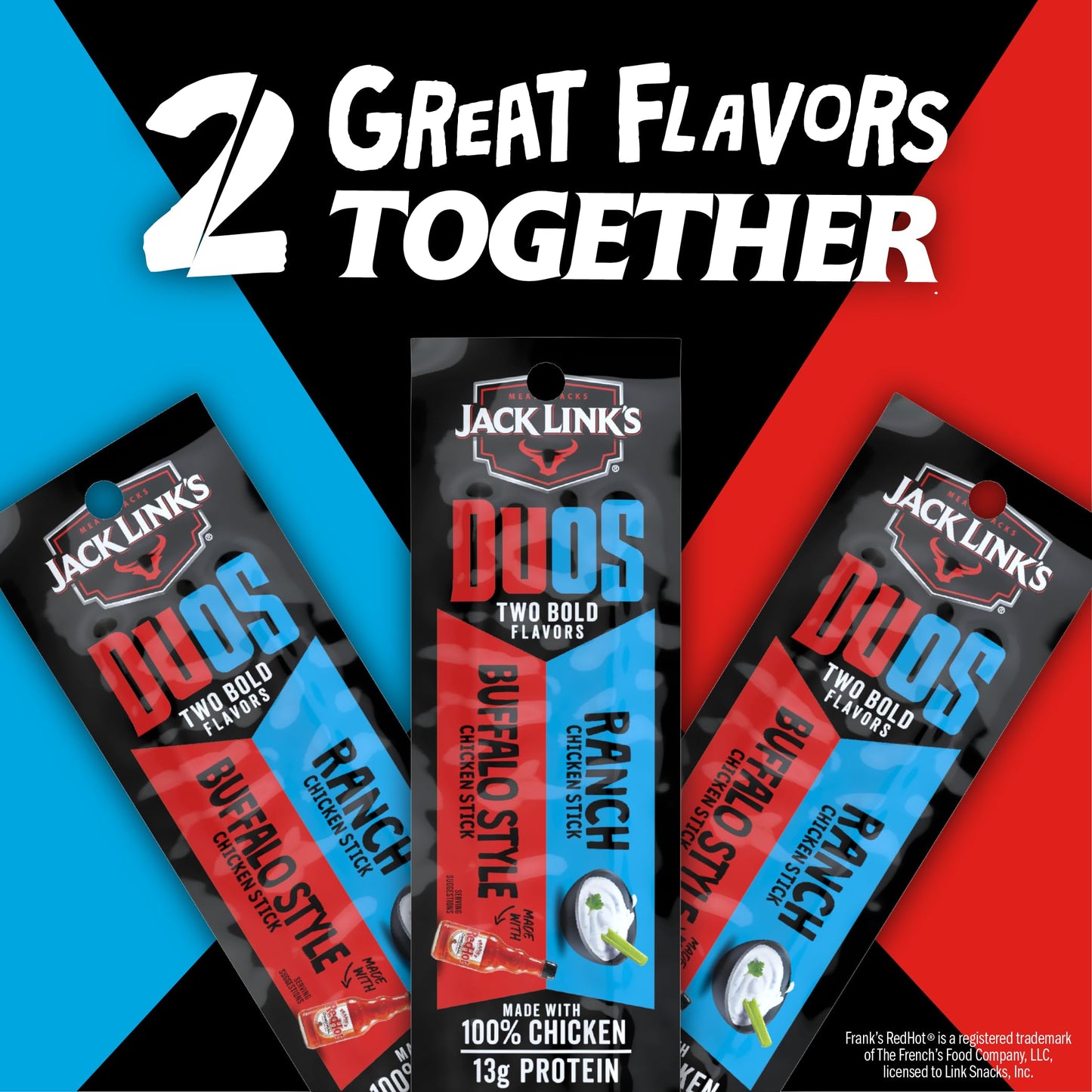 Jack Link s DUOs Chicken Jerky Meat Snack Sticks with 13g Protein - Frank s RedHot Buffalo Style With Creamy Ranch  Made with 100% Chicken  Two Flavors in One Package  1.84oz (10 Pack of 2 Sticks)