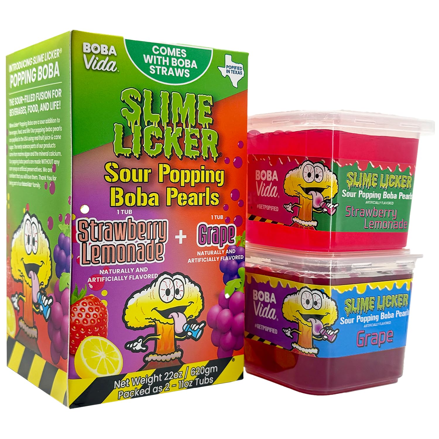 BOBAVIDA Slime Licker Popping Boba Pearls - Strawberry Lemonade & Grape - 2 Tubs with Straws - No Corn Syrup