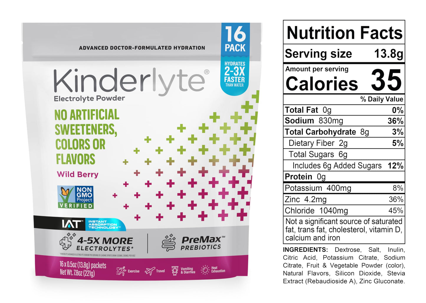 Kinderlyte Advanced Electrolyte Powder for Kids and Adults - Drink Mix Hydration Packets (Wild Berry, 16 Count), with PreMax Pre