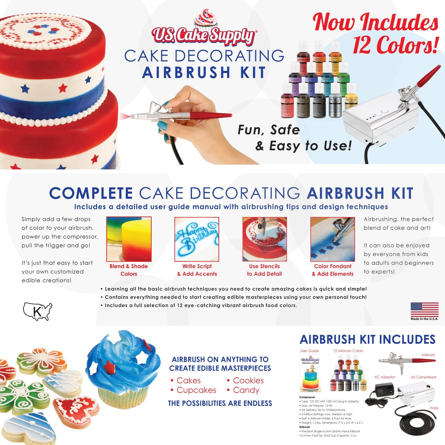 U.S. Cake Supply - Complete Cake Decorating Airbrush Kit With A Full Selection Of 12 Vivid Airbrush Food Colors - Decorate Cakes, Cupcakes, Cookies & Desserts