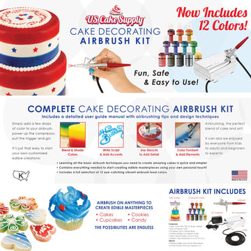U.S. Cake Supply - Complete Cake Decorating Airbrush Kit With A Full Selection Of 12 Vivid Airbrush Food Colors - Decorate Cakes, Cupcakes, Cookies & Desserts