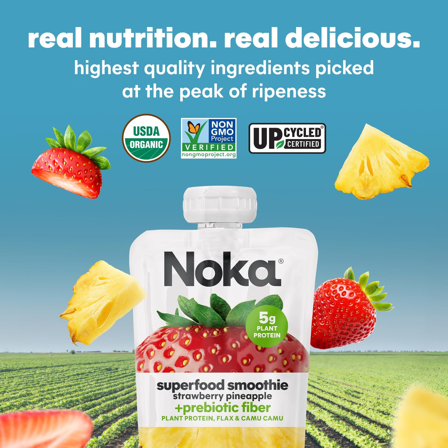 Noka Superfood Smoothie Pouches (Strawberry Pineapple) 4 Pack, with Plant Protein, Prebiotic Fiber & Flax Seed, Organic, Gluten