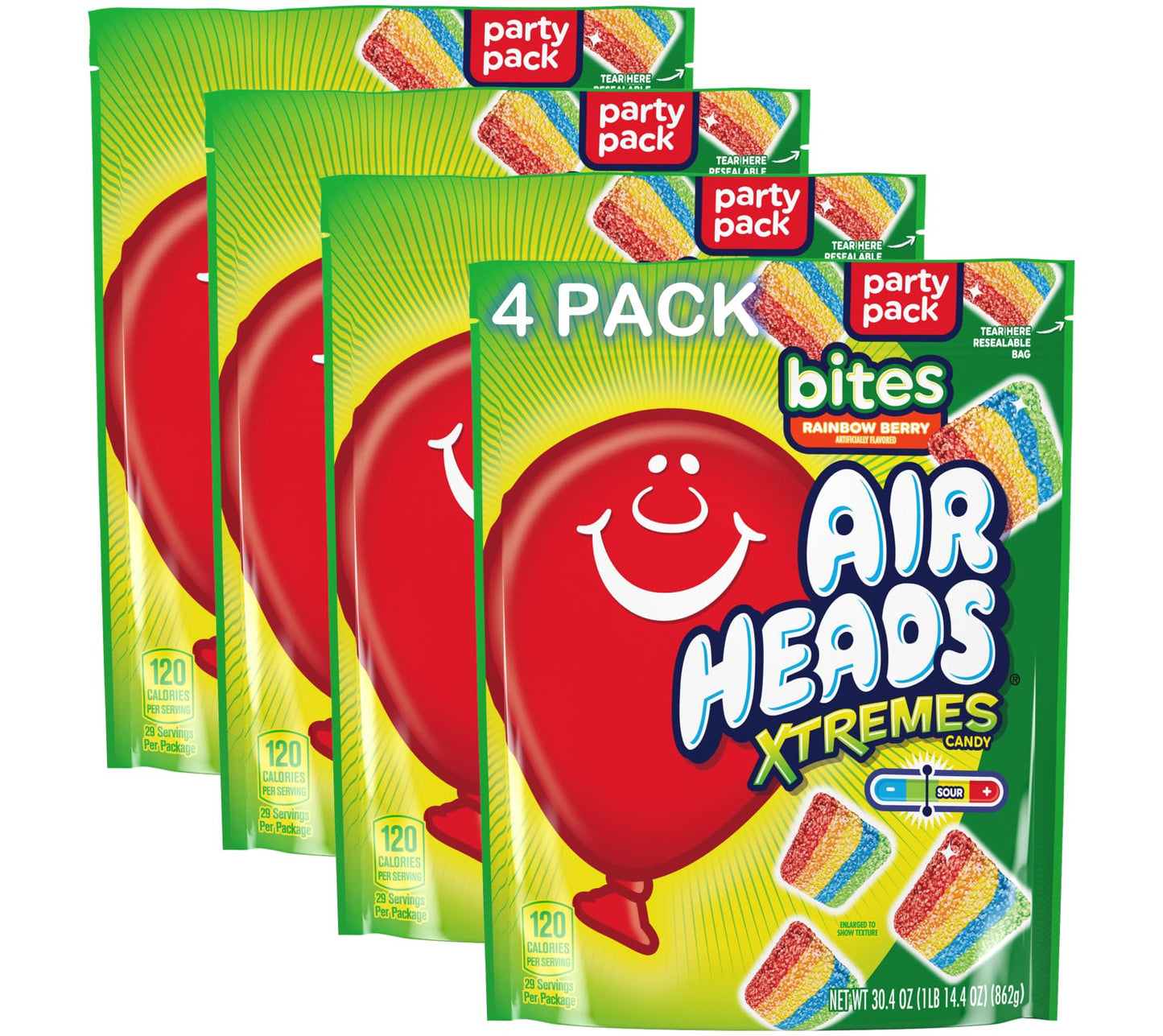 Airheads Xtremes Sour and Sweet Bites, Rainbow Berry, 30.4oz (Pack of 4), Orange/Blue/White