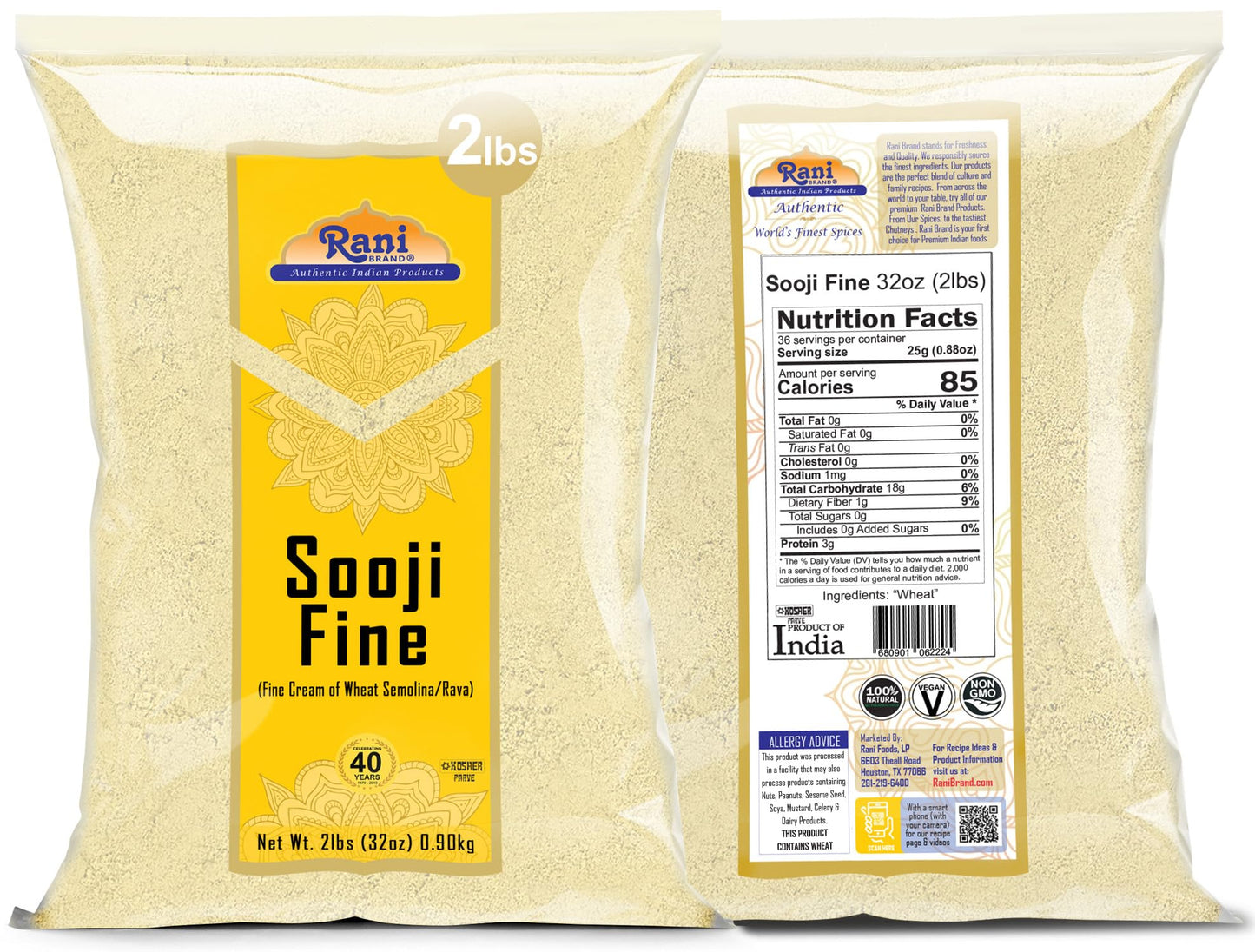 Rani Sooji Fine (Farina, Suji, Rava, Wheat) Flour 32Oz (2Lbs) 908G ~ All Natural | Vegan | Non-Gmo | Kosher | Indian Origin