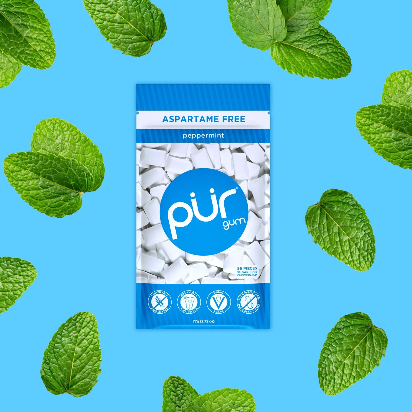 Pur Gum | Aspartame Free Chewing Gum | 100% Xylitol | Natural Peppermint Flavored Gum, 55 Pieces (Pack Of 3)