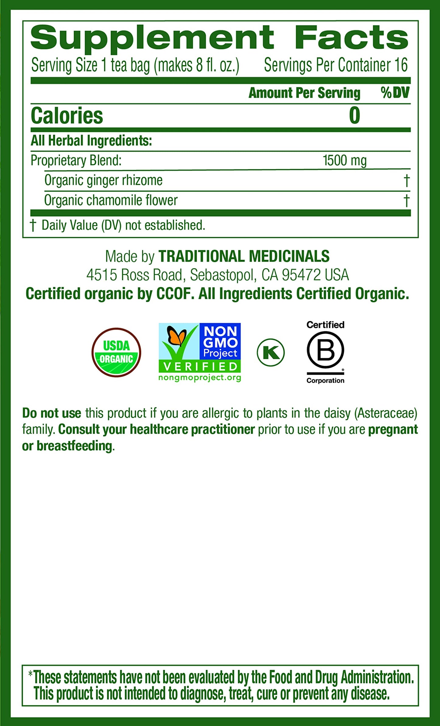 Traditional Medicinals Organic Ginger & Chamomile Herbal Tea, Relieves Occasional Indigestion or Nausea, (Pack of 1) - 16 Tea Ba