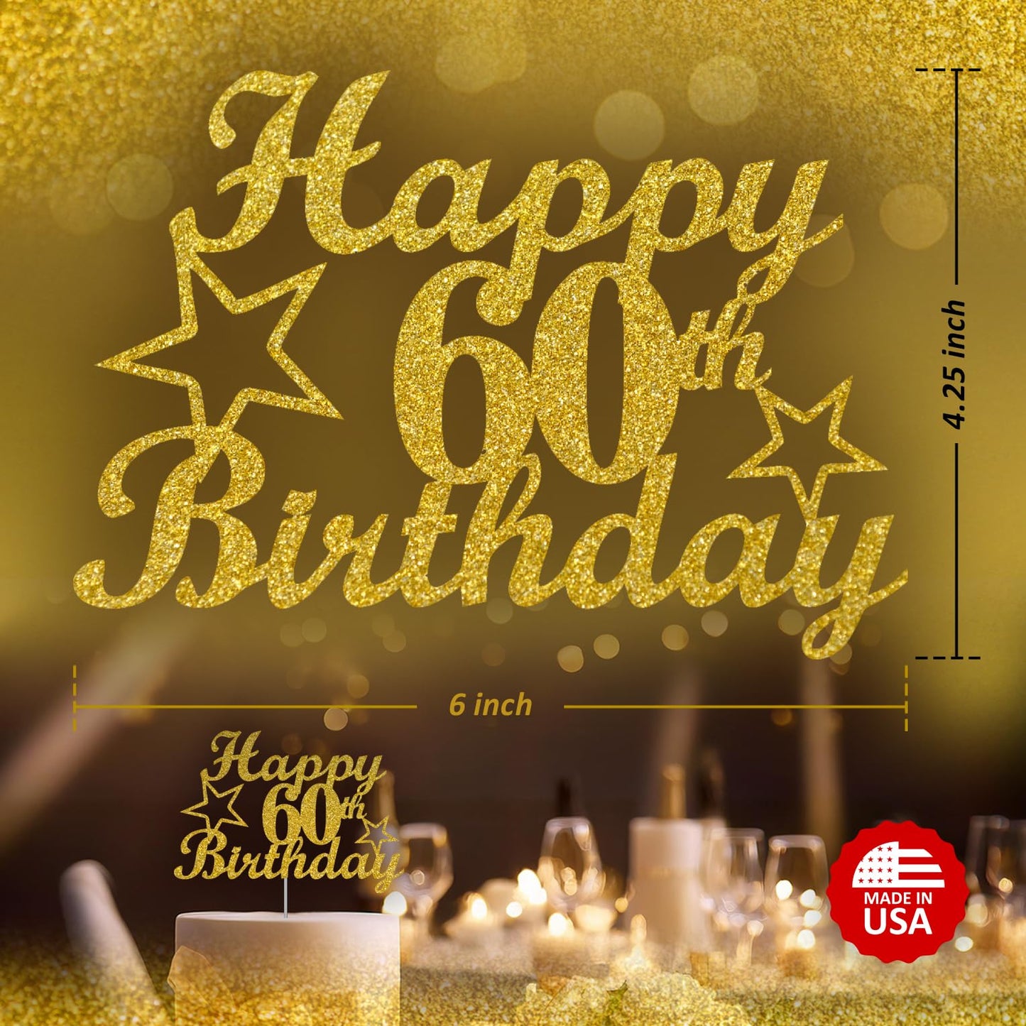 RokAPary 60th Birthday Cake Topper, Gold Glitter, Sturdy Acrylic, Double-Sided Decoration