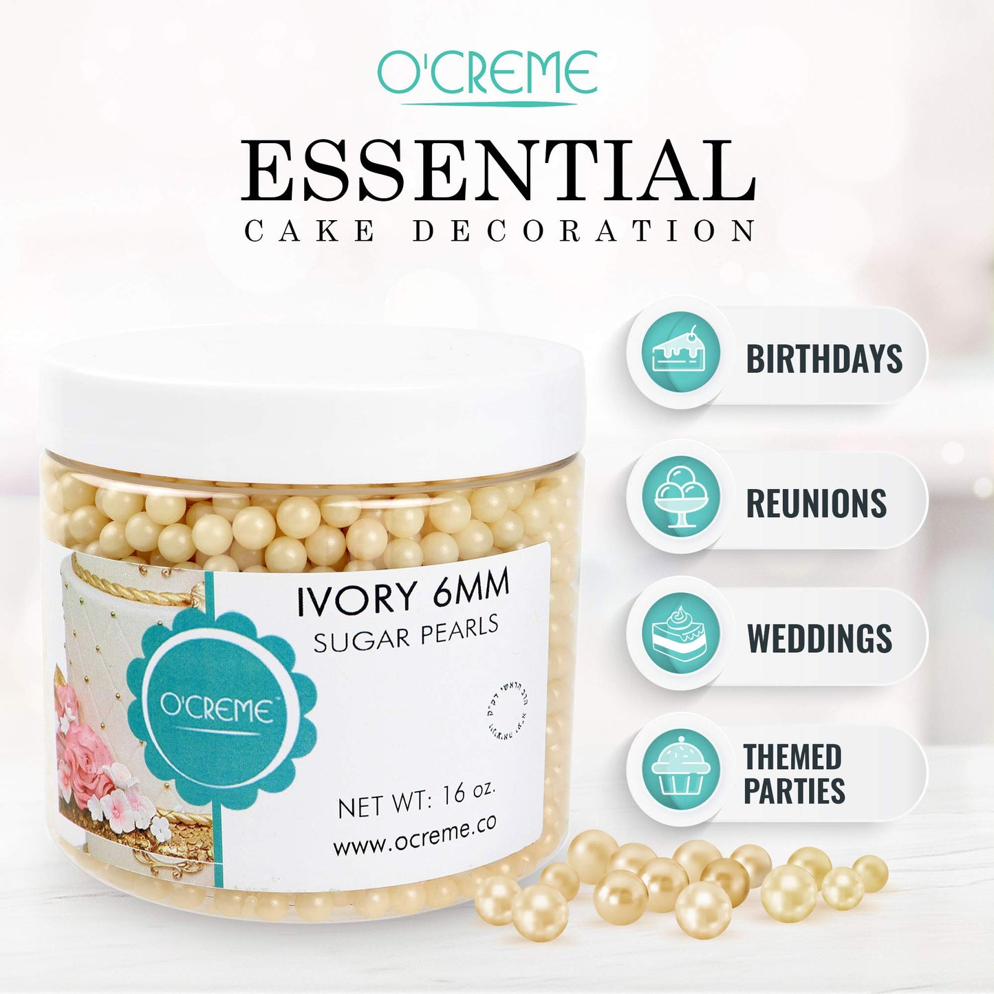 OCREME Edible Sugar Pearls for Cake Decorating, Ivory, 8mm, 8 oz