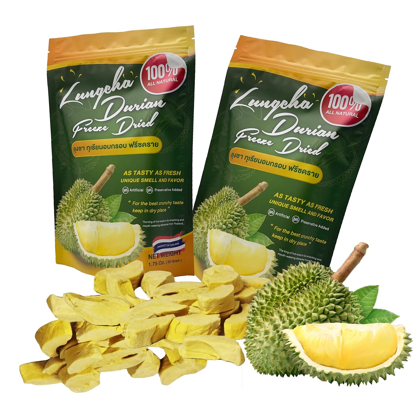 Durian King Of Fruit Vacuum Freeze Dried Fresh Durian Monthong Made From Real Fruit 50 Gram Or 1.75 Ounce Pack Of 2