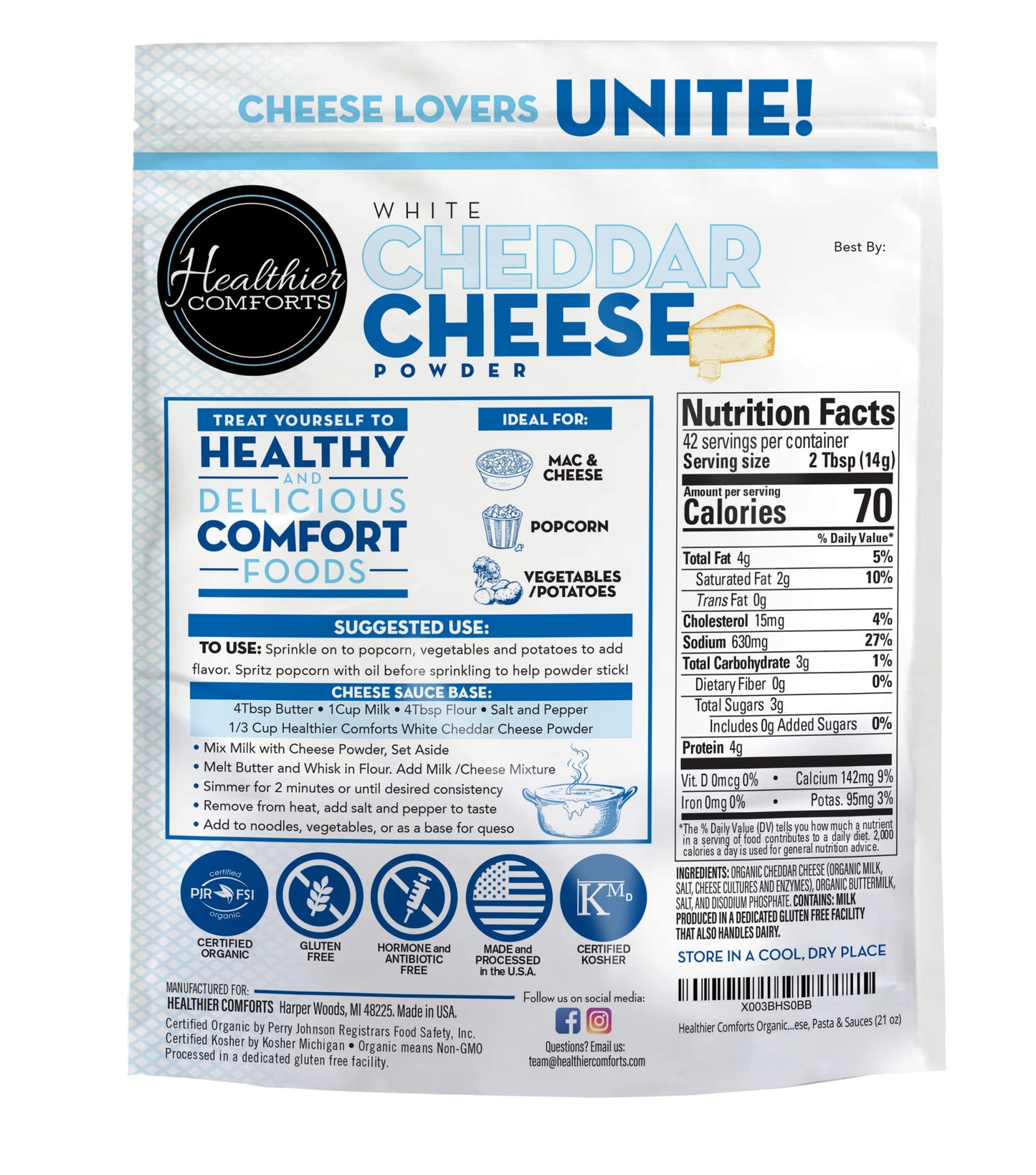 Healthier Comforts Organic White Cheddar Cheese Powder, Gluten Free, Keto-Friendly, 21 oz