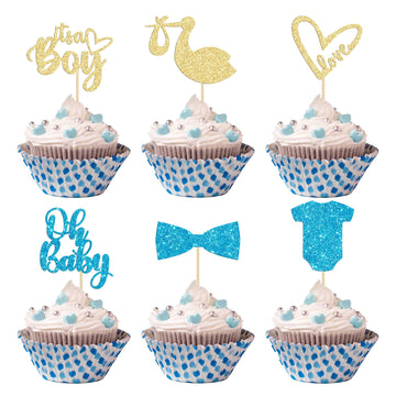 Gyufise 36 Pack Oh Baby Cupcake Toppers Assembled It'S A Boy Cupcake Toppers With Tie Onesie Love Heart Glitter Cake Picks Decor