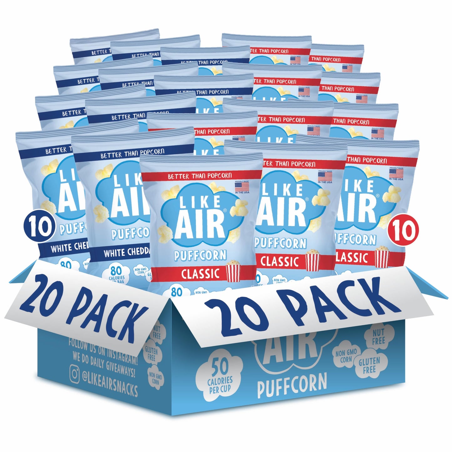 Like Air Puffcorn 2 Flavor Variety Pack (0.5 oz, Pack of 20) White Cheddar and Classic Puff Corn, Single Serve Snacks, 80 Calori