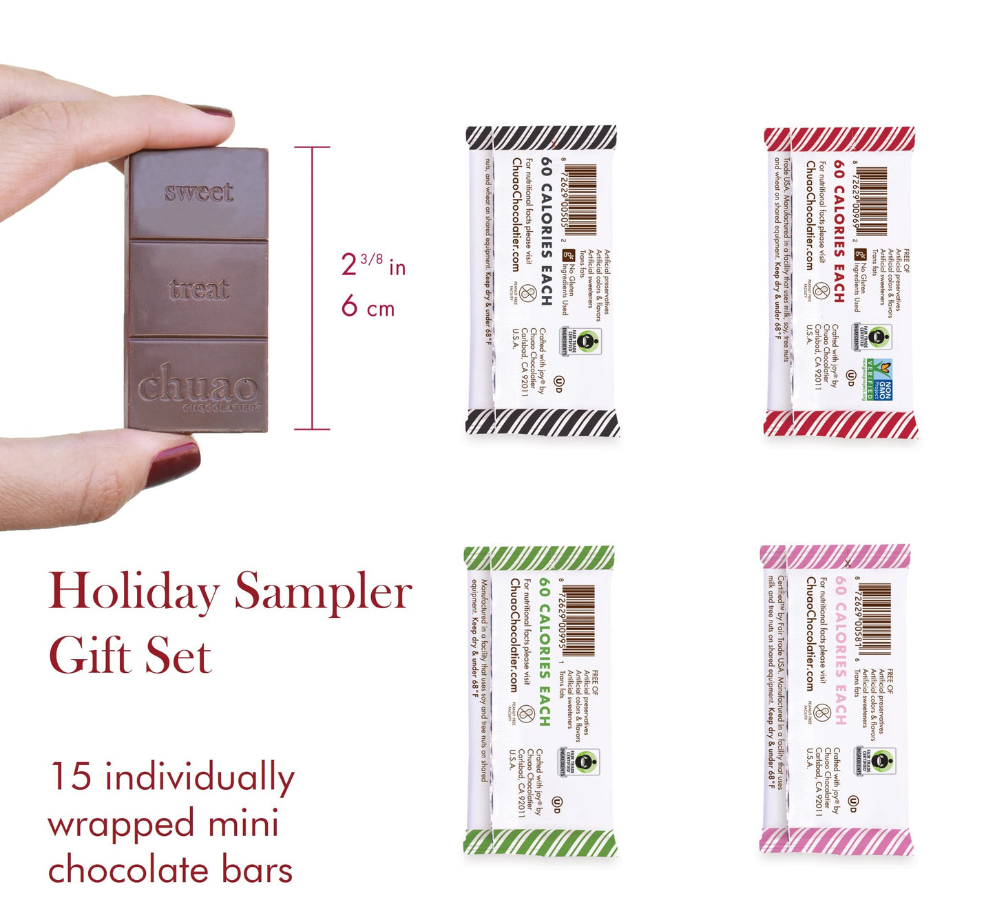 Chuao Chocolatier Holiday Sampler Gift Box Gourmet Dark & Milk Chocolate Mini Bars | No Preservatives | For Gift Baskets, Christmas, Hostess Gifts, Thank You, Care Package | 15 Pack (0.39 Oz Each)