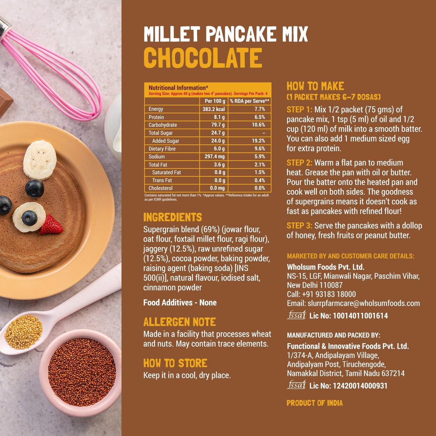 Slurrp Farm Instant Breakfast Millet Pancake Mix, Banana Choco-Chip, Supergrains And Chocolate, Natural And Healthy Food, 100% V