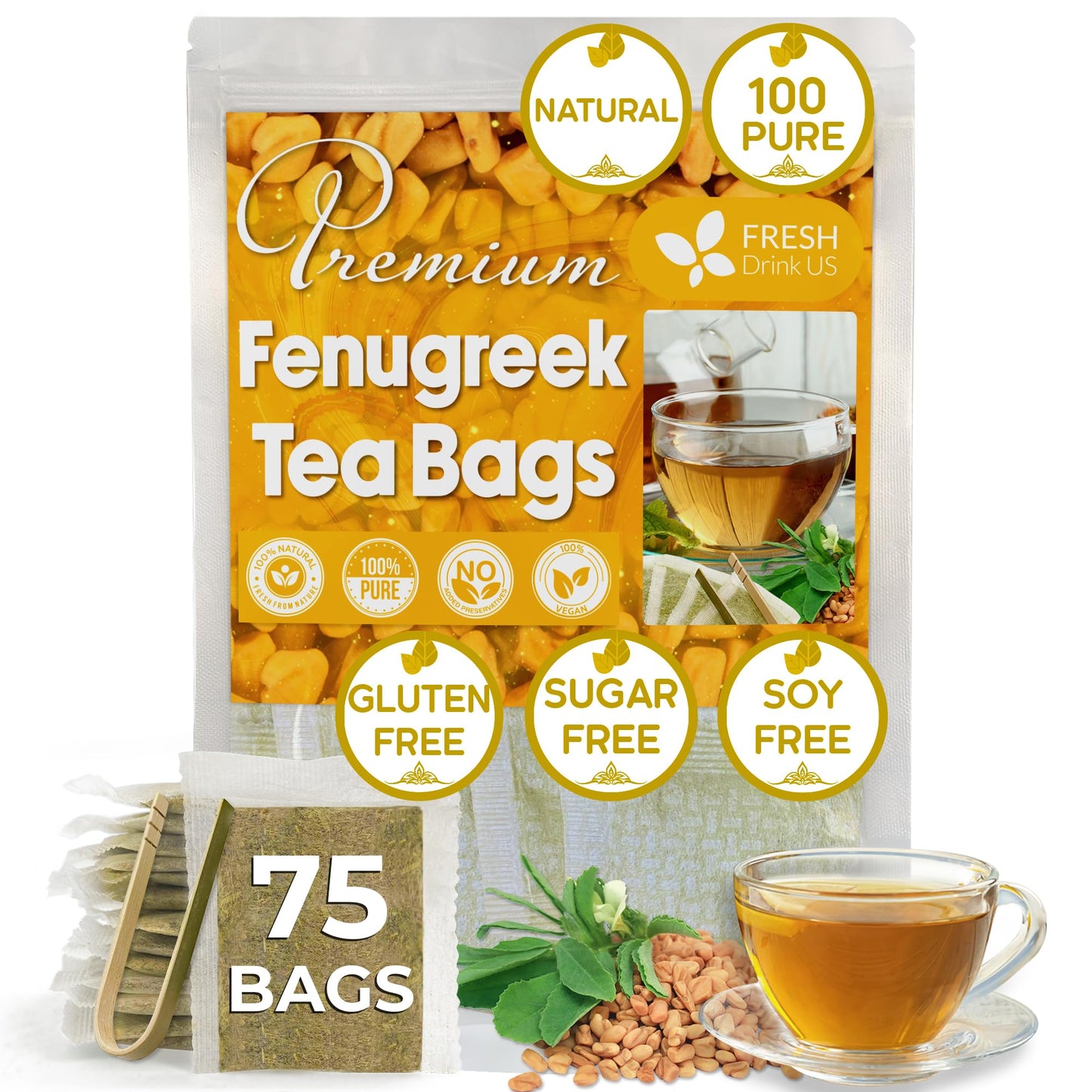 FRESHDRINKUS Fenugreek Tea Bags, 100% Natural Herbal Tea, Caffeine-Free, Vegan, 75 Count