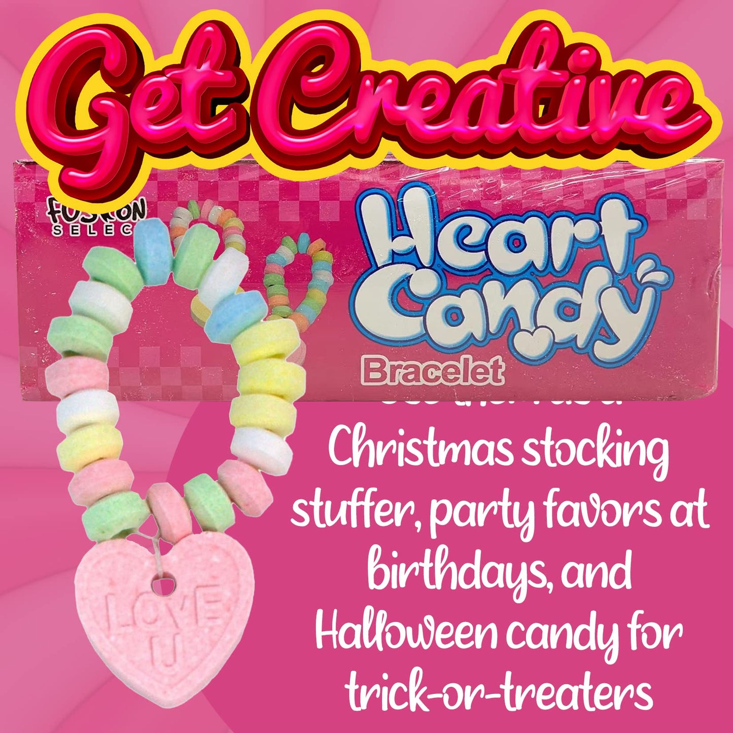Fusion Select Color Candy Bracelet - Edible Candy Jewelry with Love Heart Charm - Sweet Treats for Kids Birthday, Party Favors,