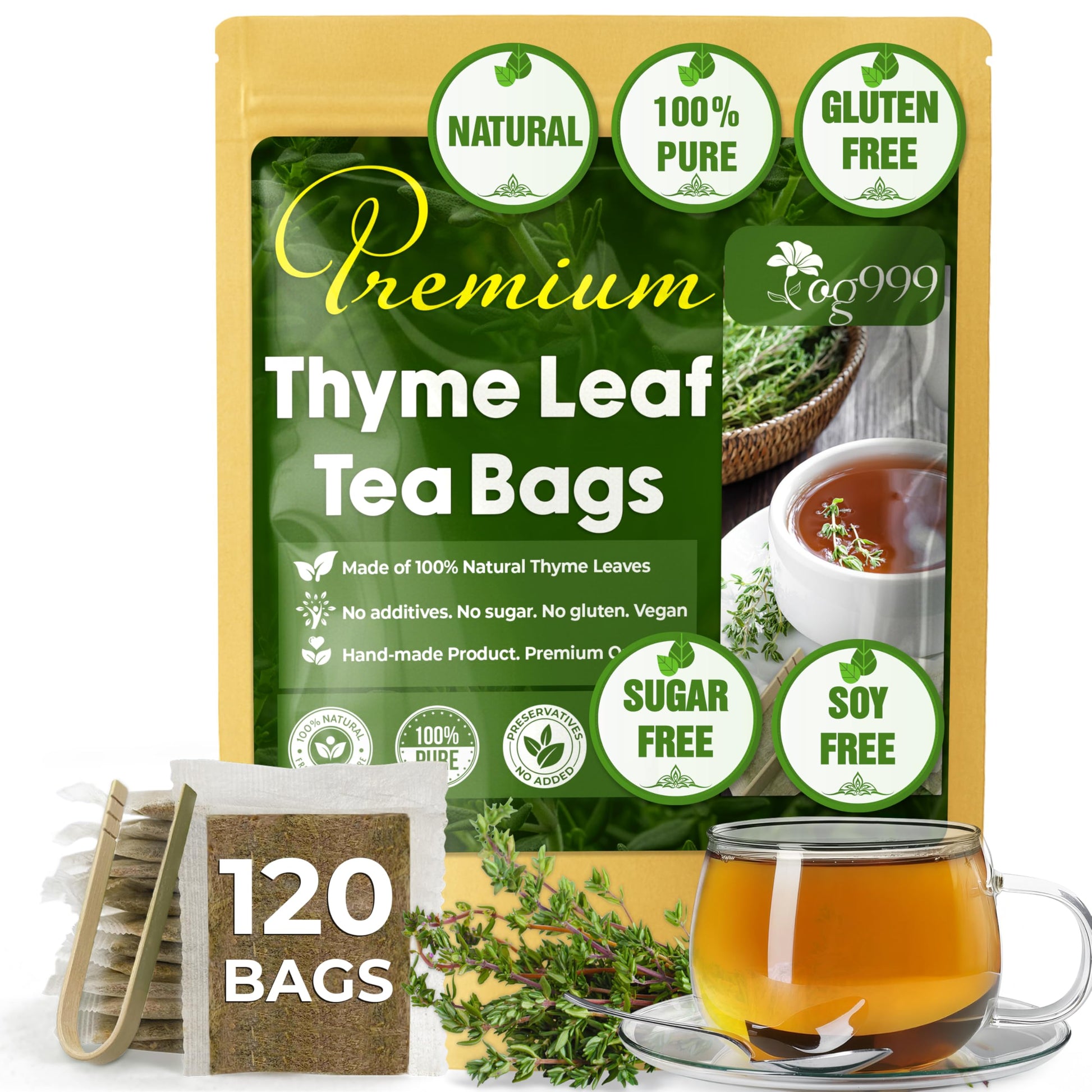 Tog999, Enhanced 120 Thyme Leaf Tea Bags, 100% Natural & Pure. Loose Leaf Thyme Herbal Tea. No Sugar, No Caffeine, No Gluten, Vegan.