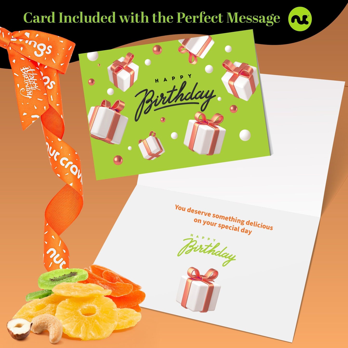 Nut Cravings Gourmet Collection - Happy Birthday Treats, Dried Fruit & Mixed Nuts Gift Basket With Bday Ribbon In Reusable Woode