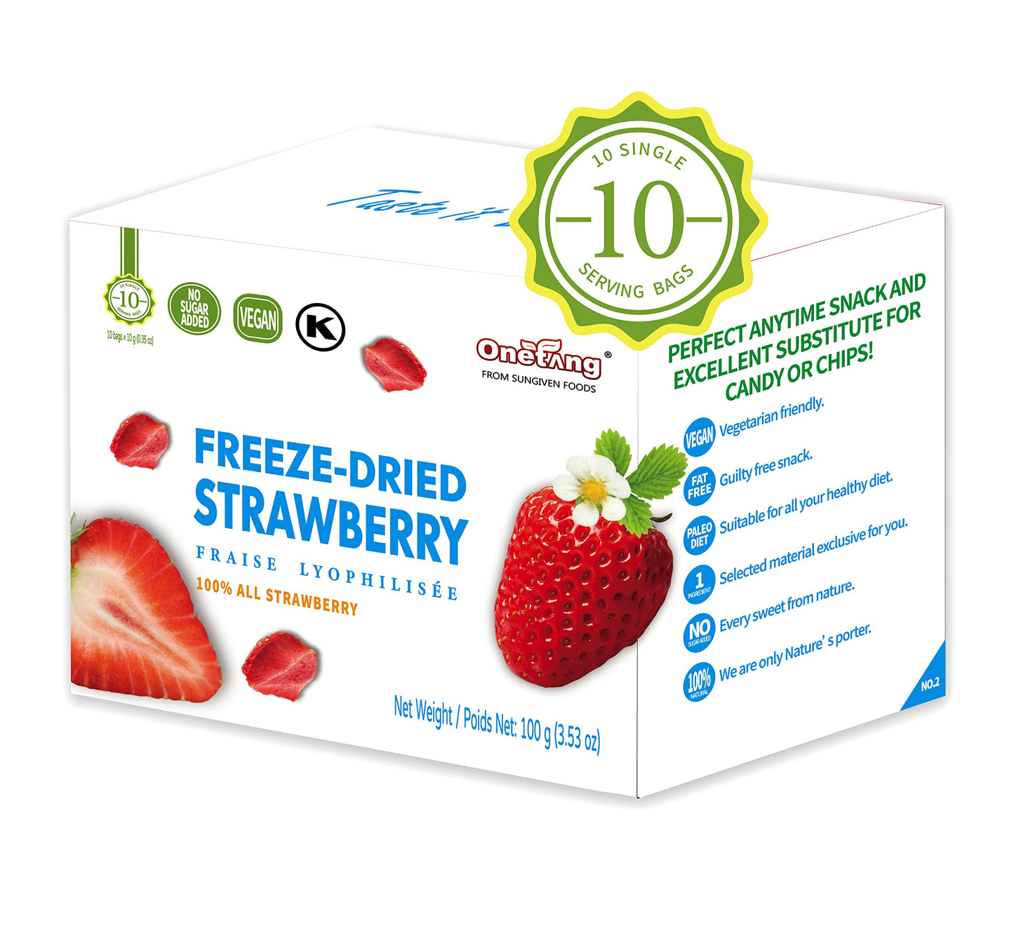 ONETANG Freeze-Dried Strawberry Fruit Snacks, Non-GMO, Vegan, Gluten-Free, 10 Pack, 0.35 Ounce per Pack