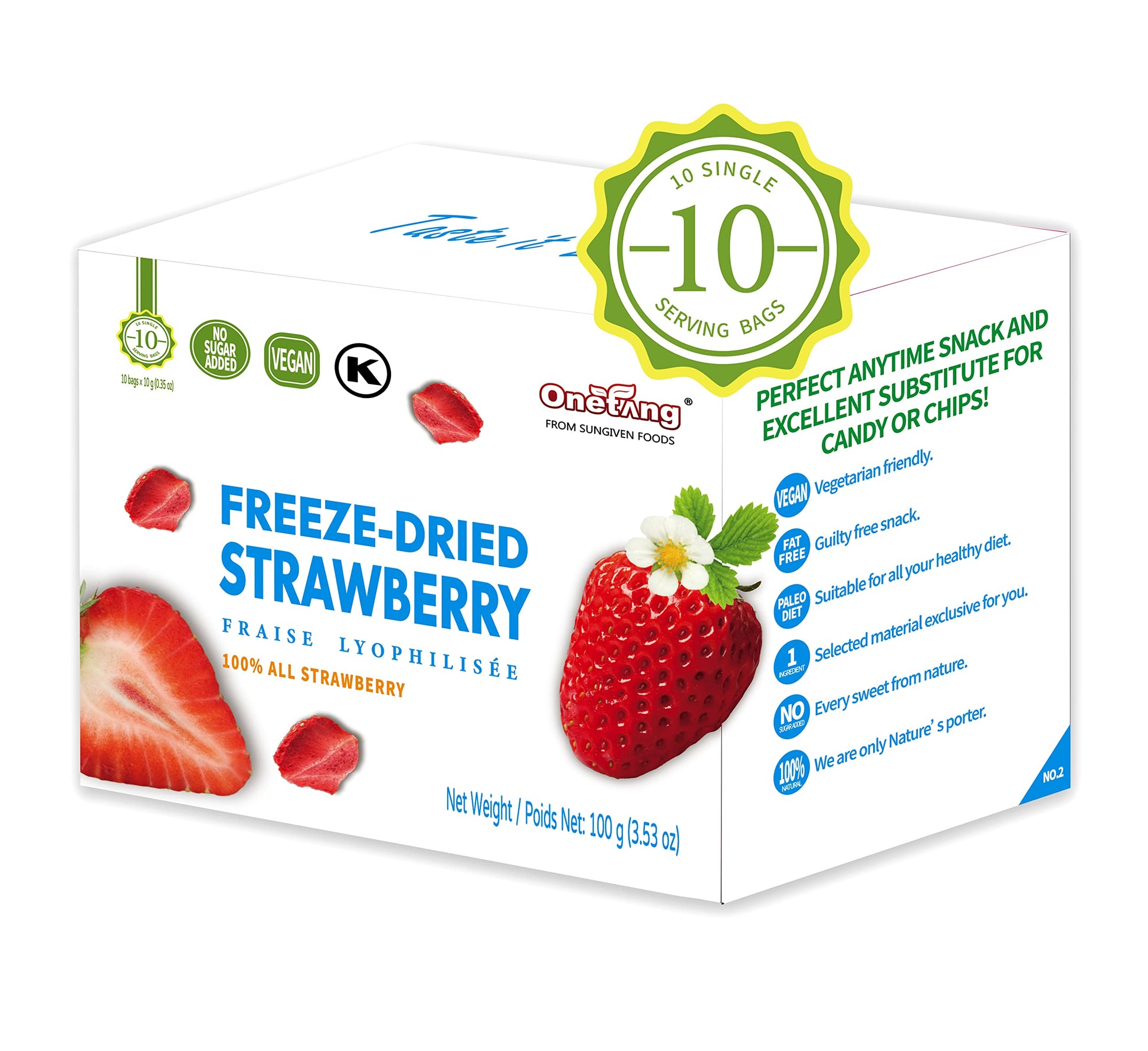 ONETANG Freeze-Dried Strawberry Fruit Snacks, Non-GMO, Vegan, Gluten-Free, 10 Pack, 0.35 Ounce per Pack