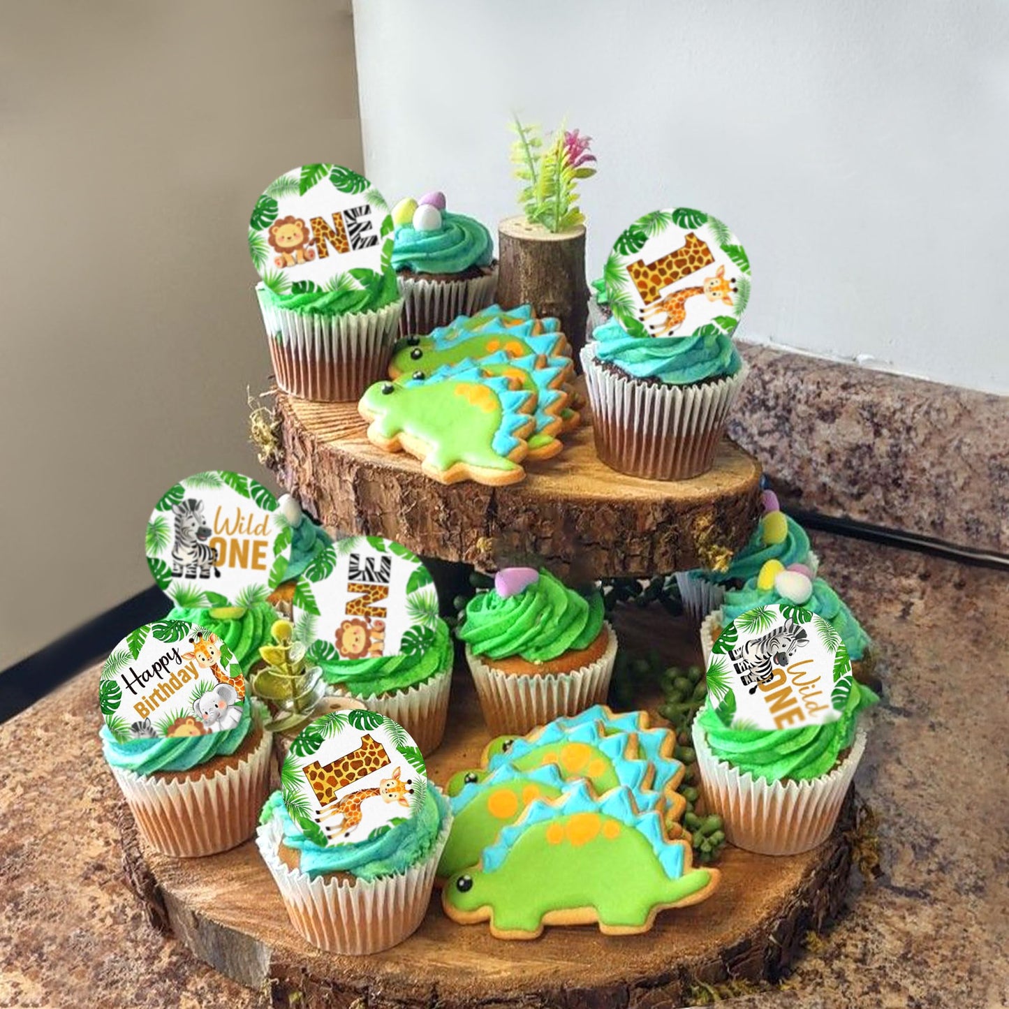 48 Pcs Wild One Cupcake Toppers Wafer Paper Animal 1St Birthday Decorations Cupcake Toppers For Jungle Safari Animal Theme Baby