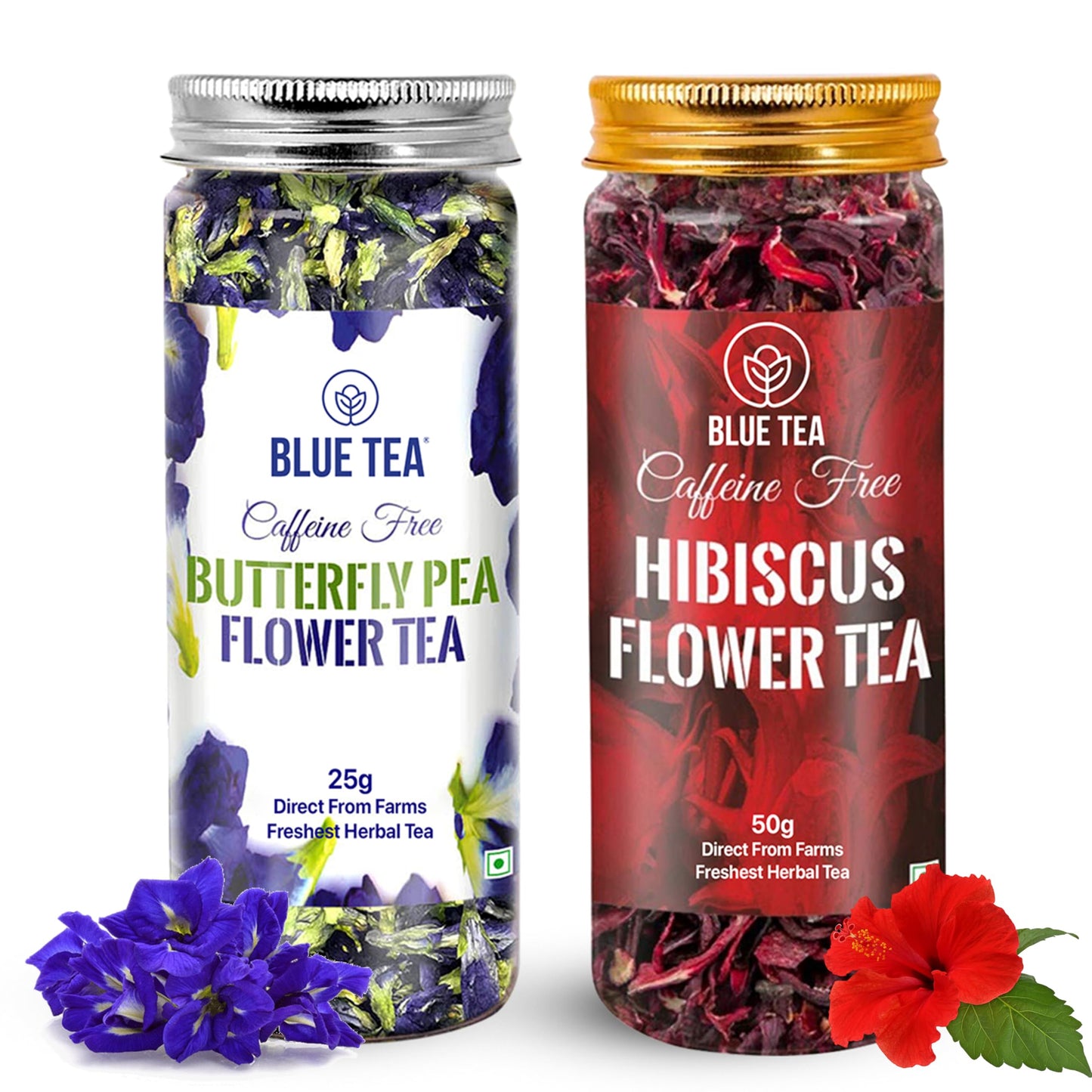 BLUE TEA Butterfly Pea Flower Tea & Hibiscus Tea Combo Pack - 2.64 Oz - Chemical Free, Caffeine Free, Herbal Tea, Reusable Pet Jar