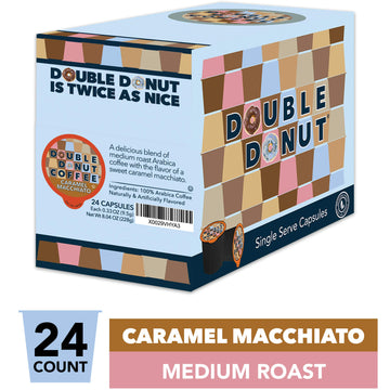 Double Donut Flavored Coffee Pods, Caramel Macchiato Coffee, Caramel Coffee For Keurig K Cups Machines, Medium Roast Coffee In R