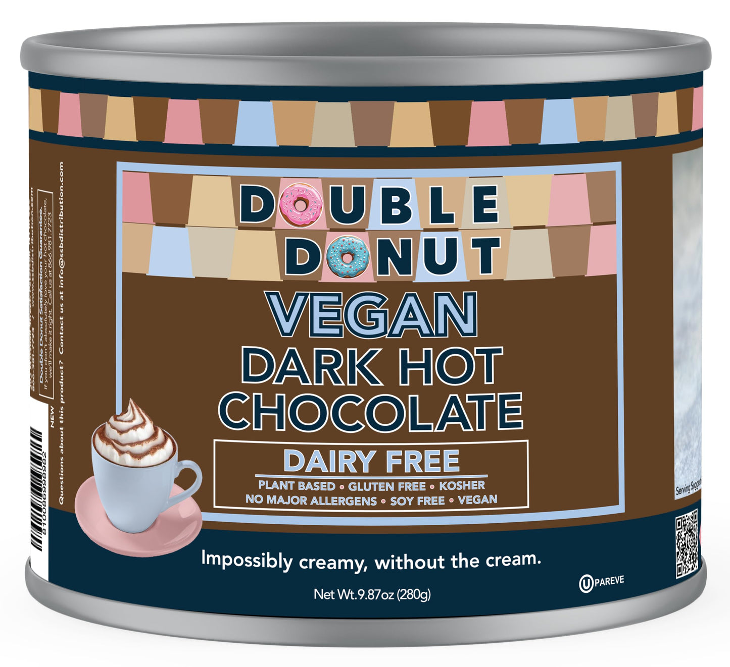 Double Donut Dark Vegan Hot Chocolate Mix, Gluten Free, Dairy Free, 12 Ounce Canister
