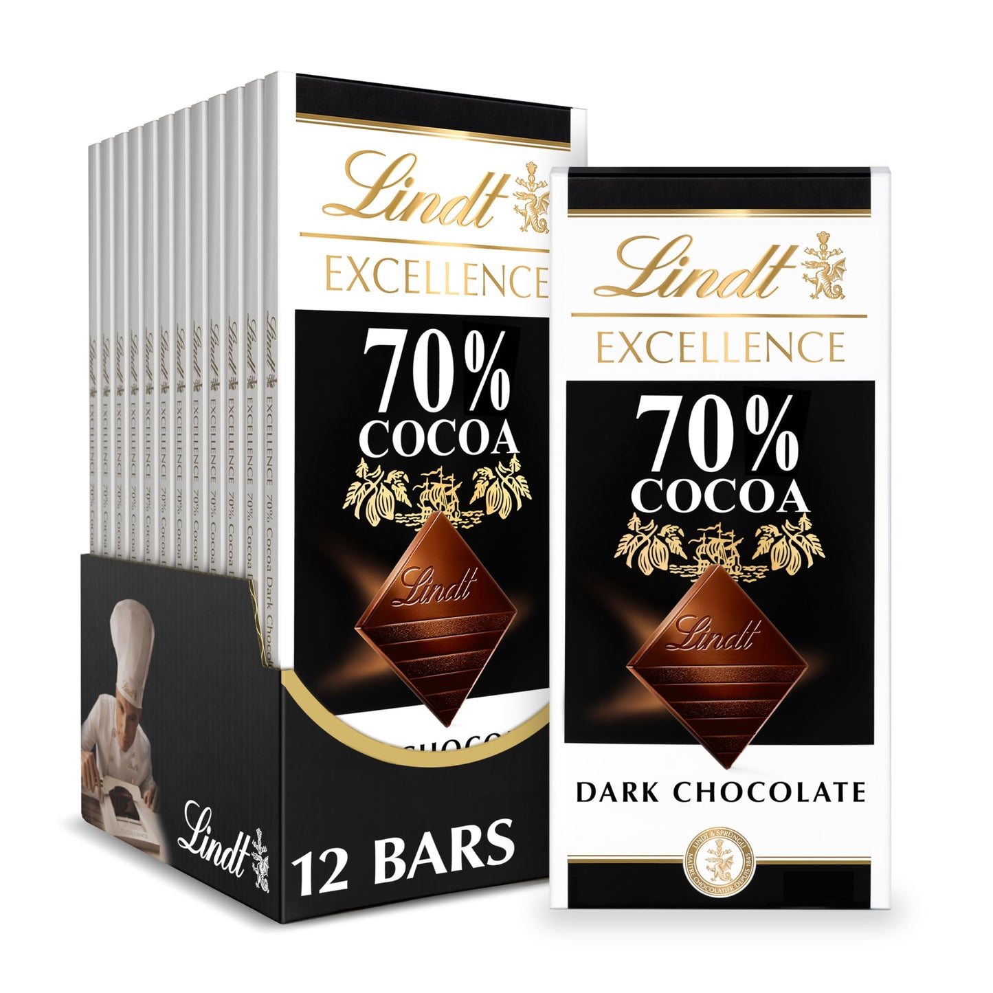 Lindt Dark Chocolate Bar, 70% Cocoa, 3.5 oz, 12 Pack, Natural